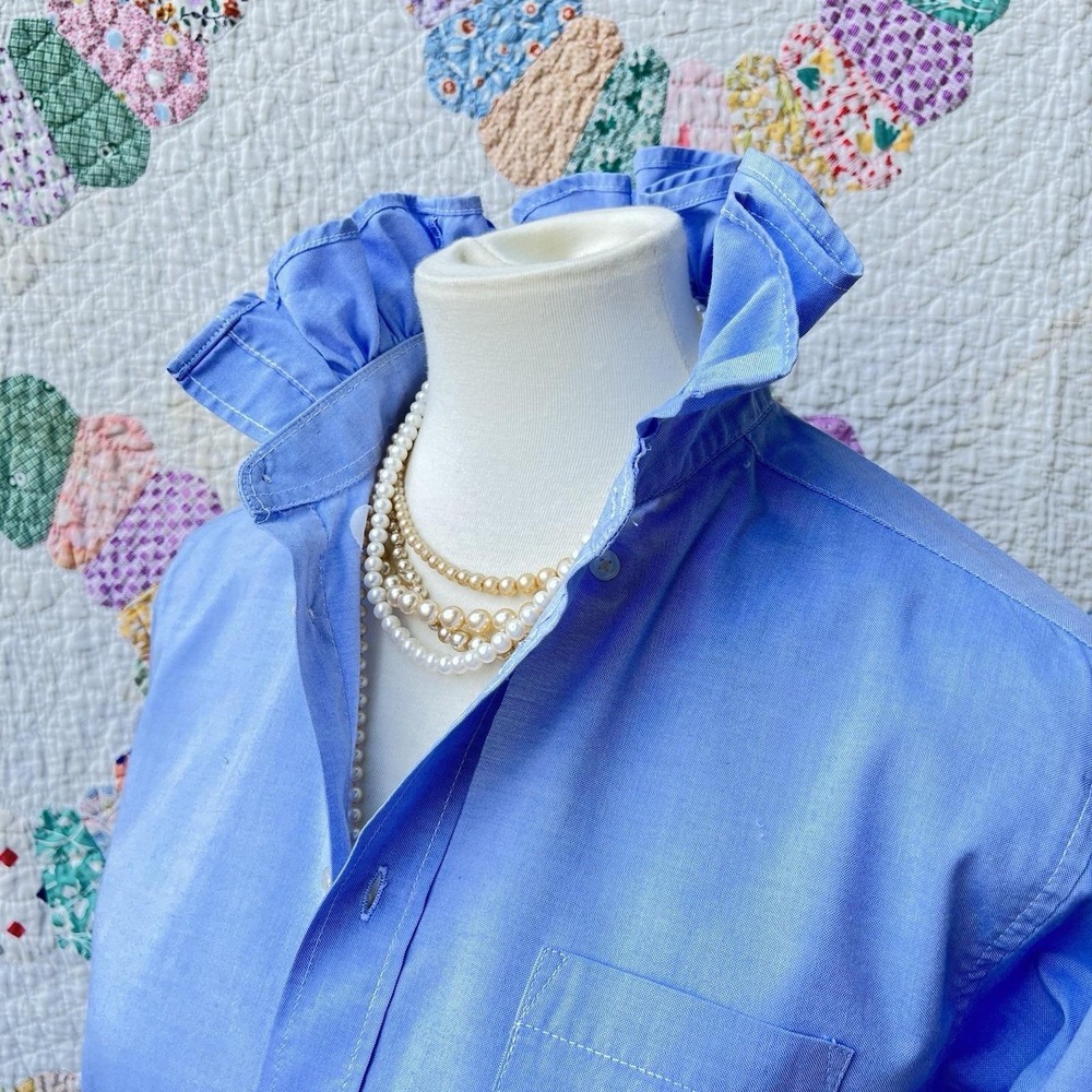 Upcycled Re-worked Chaps Sky Blue Preppy Oxford Cloth Ruffle Collar Shirt S - Picture 3 of 9